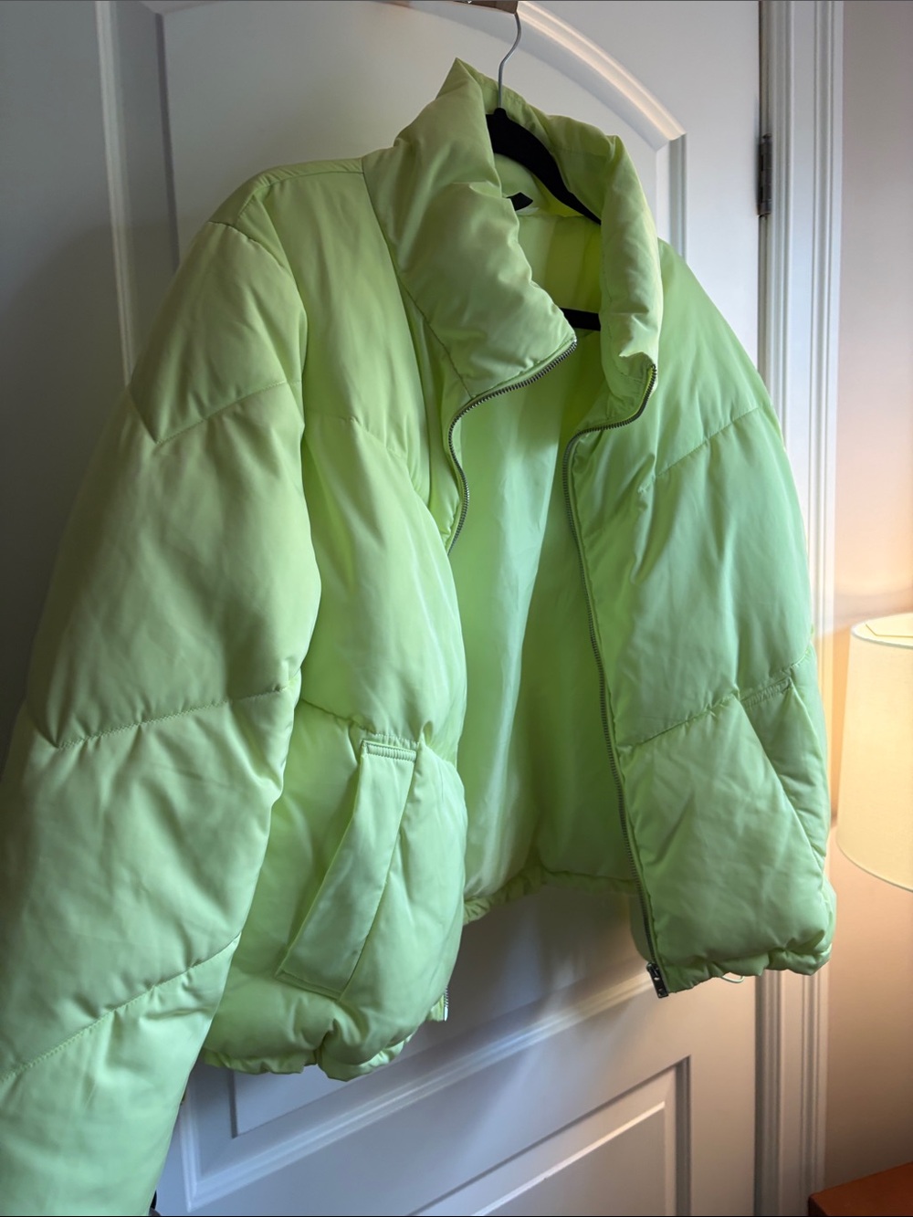 Divided Light Neon Lime Green Puffer Bomber Jacket - be seen in the snow!
